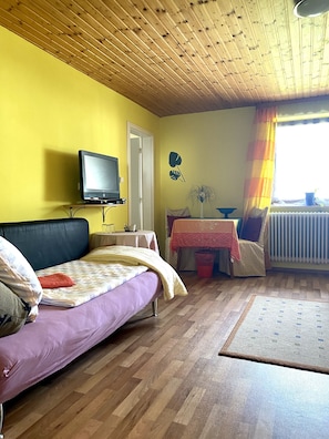 Deluxe Triple Room (2) | Living area | 60-cm flat-screen TV with satellite channels, TV - Pension Waldblick (Spiegelau)