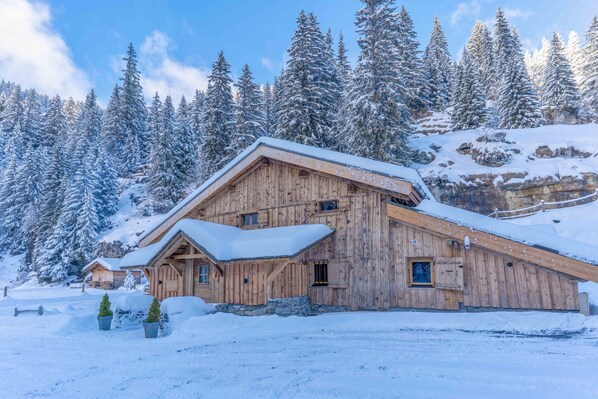 Eine Holzhütte mit geneigtem Dach, umgeben von schneebedeckten Bäumen und blauem Himmel.