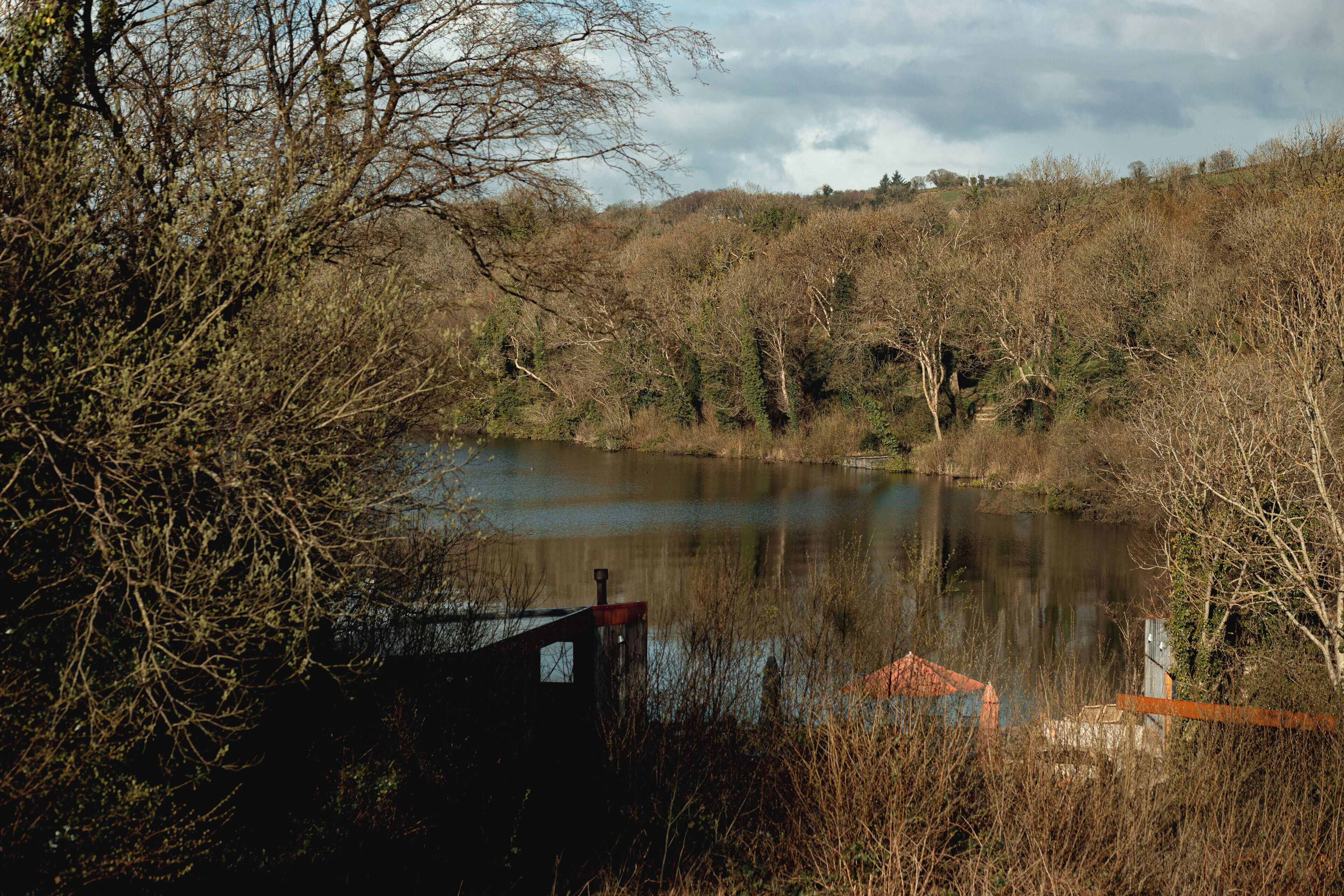 A tranquil riverside scene with a small building and dense foliage.