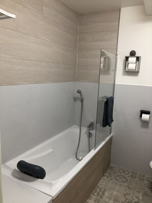 Hair dryer, towels, soap, toilet paper