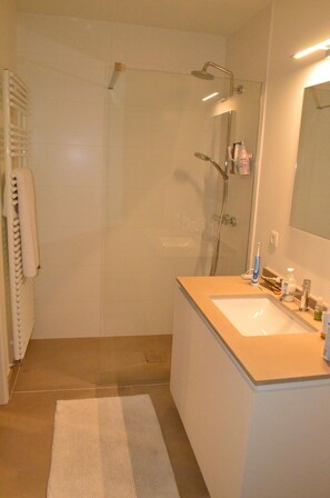 Bathtub, hair dryer, towels, shampoo