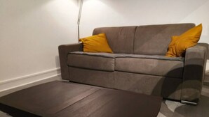 A modern living room with a sofa and a pull-out bed. - Comfy Parisian studio! (Ivry-sur-Seine)