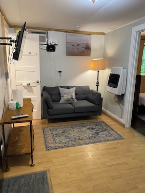 Una sala de estar con un sofá gris, una mesa de centro de madera, un tapete estampado, un televisor montado en la pared y un calefactor.