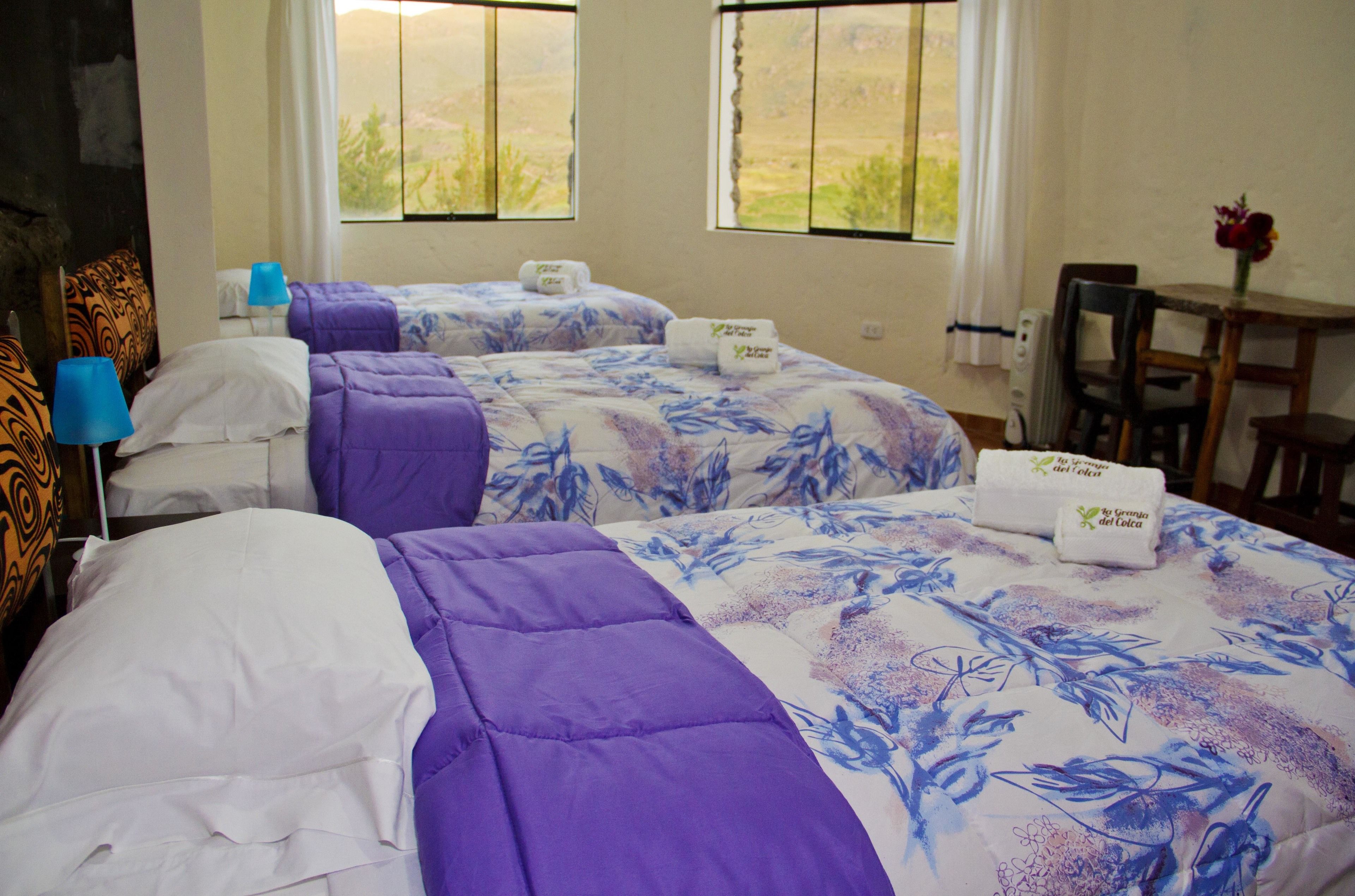 Quarto de hotel com duas camas, cada uma com colcha florida e manta roxa. Há duas luminárias azuis nas mesas de cabeceira e uma pequena mesa com um vaso de flores.