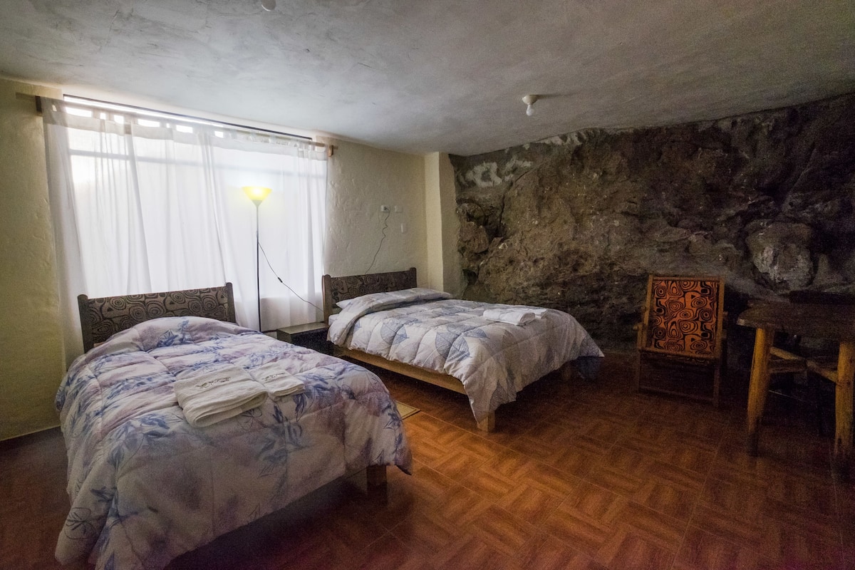 Une chambre avec deux lits, un plancher en bois, un mur en pierre, un bureau et une lampe.