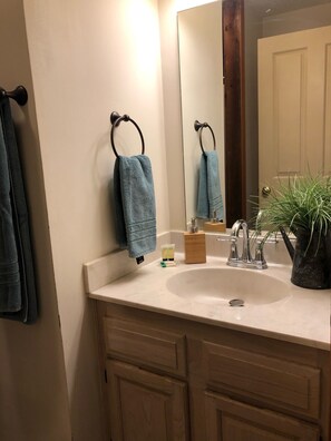 Combined shower/bathtub, hair dryer, towels, soap