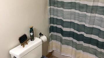 Combined shower/tub, hair dryer, towels, soap