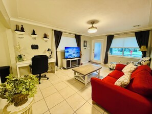 Smart TV, fireplace, DVD player, music library