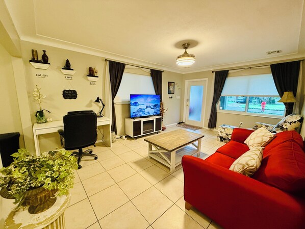 Smart TV, lareira, DVD player, biblioteca musical