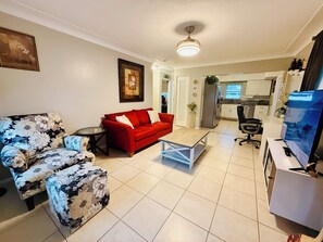 Smart TV, fireplace, DVD player, music library