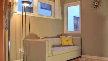 Smart TV, fireplace, DVD player, books