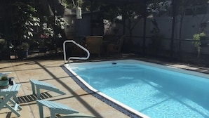 Una piscina amb una estructura de vidre, envoltada de gandules i plantes en testos.
