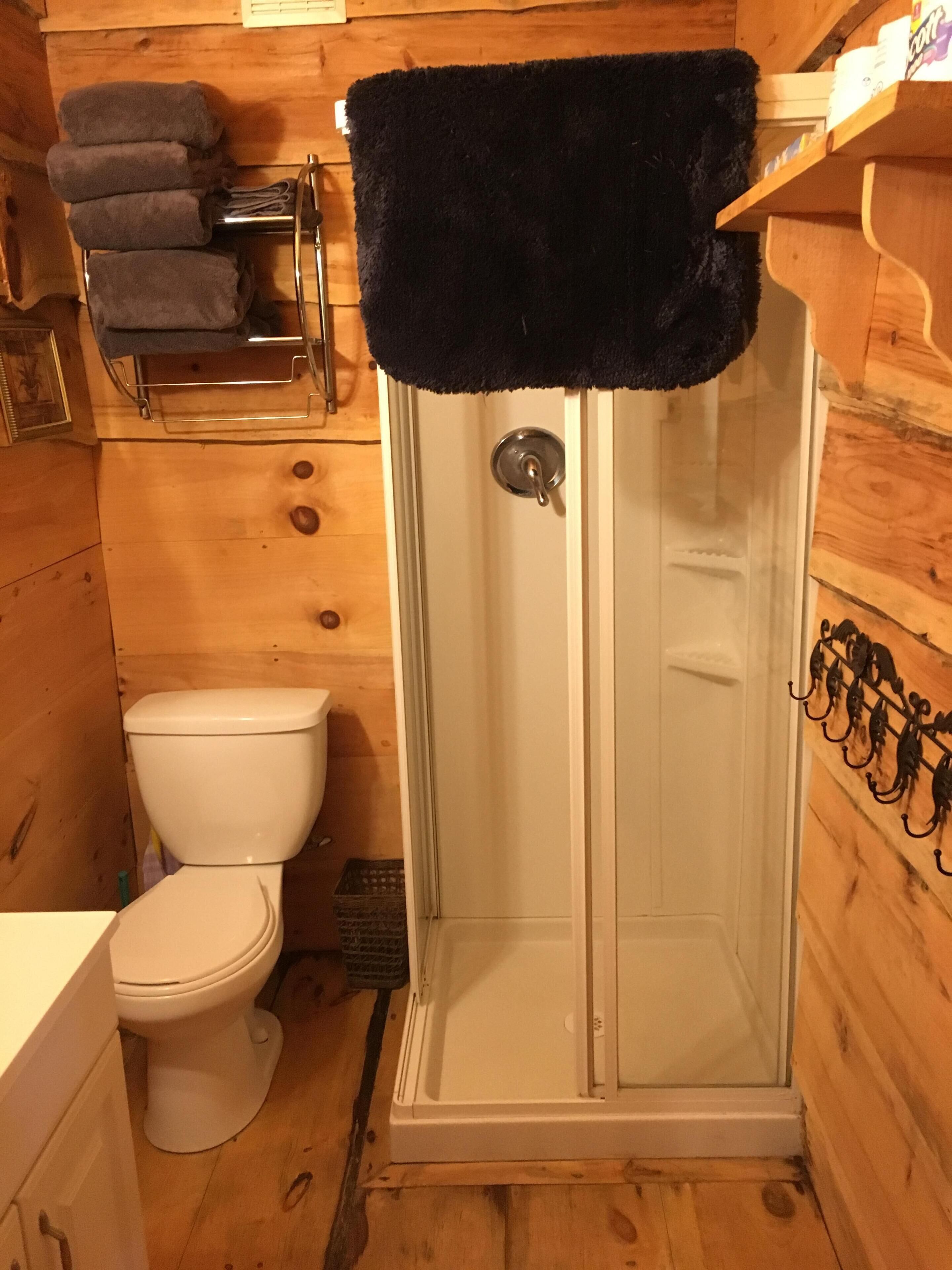 A wooden interior with a glass-enclosed shower, a white toilet, and a towel rack with folded towels.