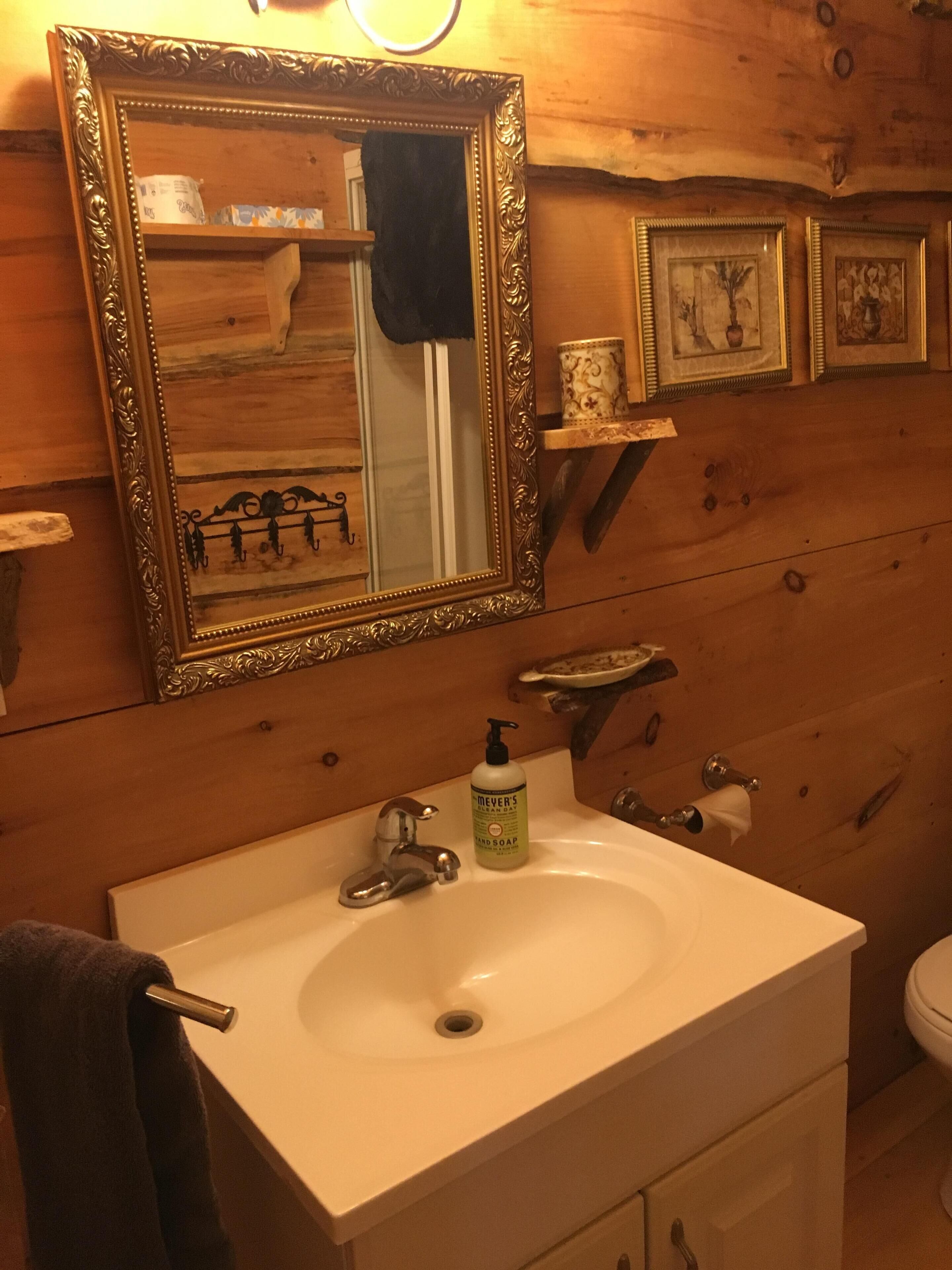 Une salle de bain avec un mur en bois, un lavabo blanc, un miroir doté d’un cadre orné, un porte-serviettes et une étagère avec des photos encadrées.