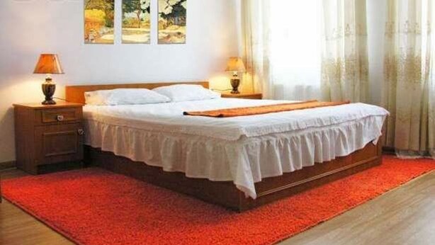 A bedroom with a large bed, two bedside tables, a red rug, and a window with sheer curtains.