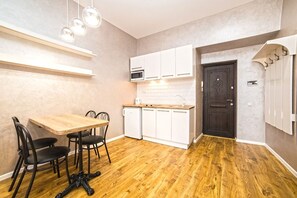 Apartment, City View | Private kitchenette | Fridge, microwave, stovetop, electric kettle - Apartment Mitskevicha 5a (Lviv)