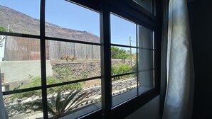 A window with a view of a rocky garden and a mountain in the background.