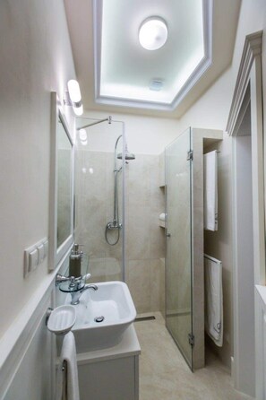 A modern bathroom with a skylight, a glass-enclosed shower, a white sink, and a toilet.