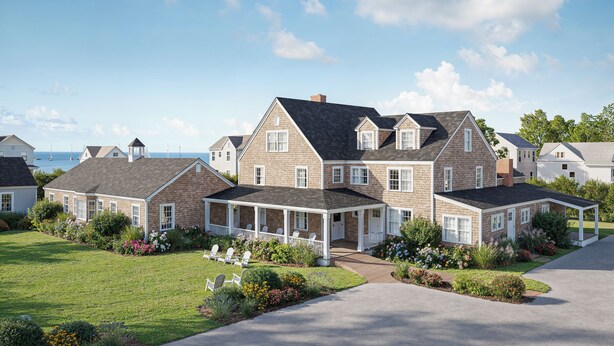 A large, multi-story house with a covered porch and a well-maintained lawn. -  Shore Haven Inn (Falmouth)