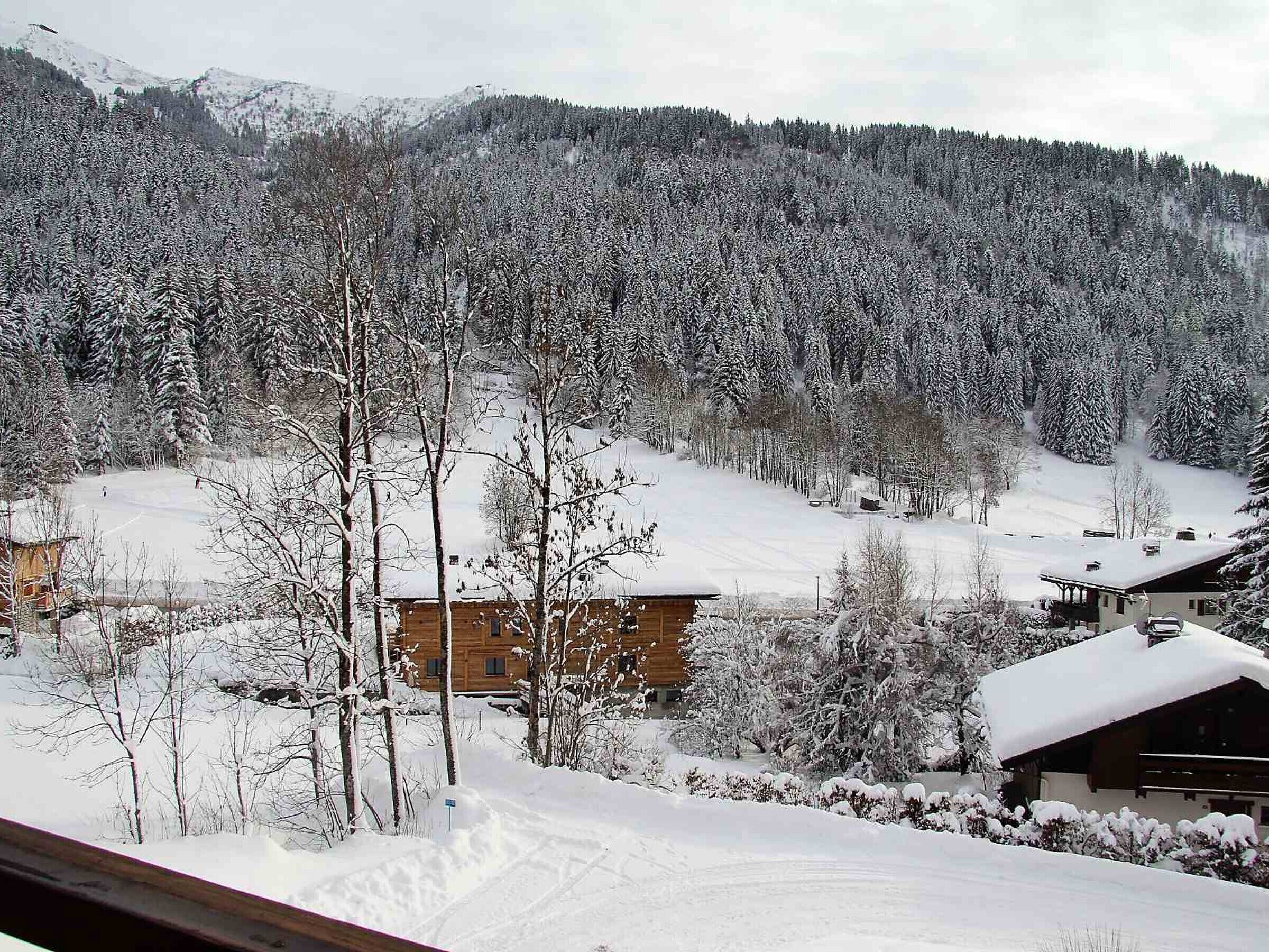 Een besneeuwd landschap met een houten chalet en een berg op de achtergrond.