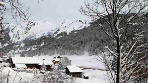 A snow-covered village with wooden houses and a mountain backdrop. - 3-room apartment with balcony and garage near the slopes (La Clusaz)