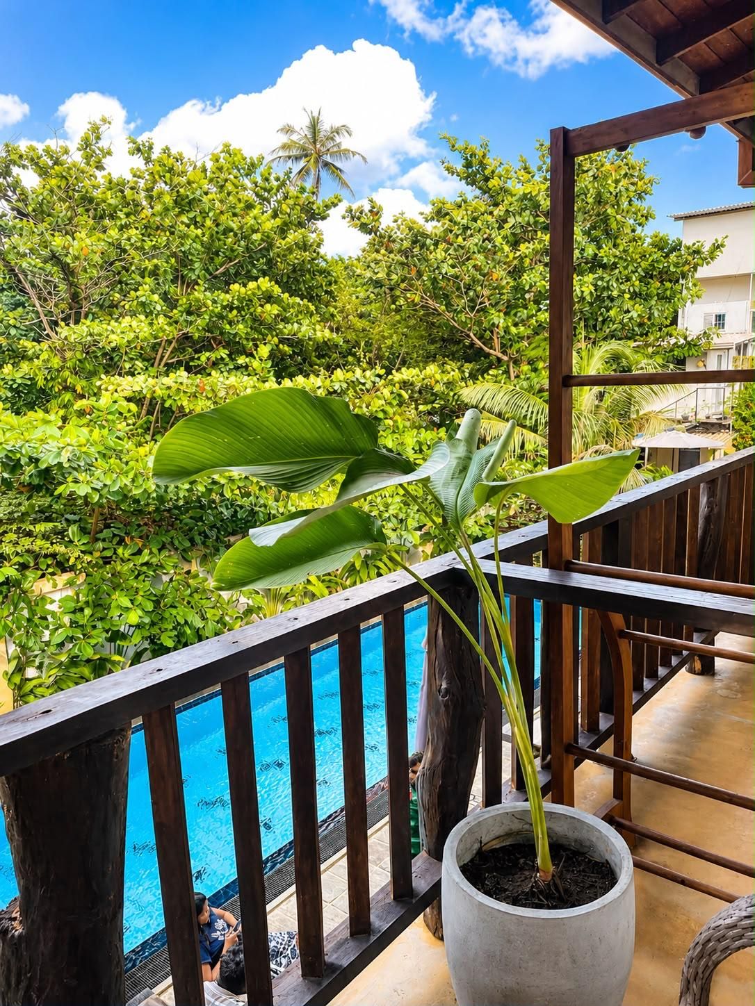 A balcony with a wooden railing overlooking a swimming pool and lush greenery.