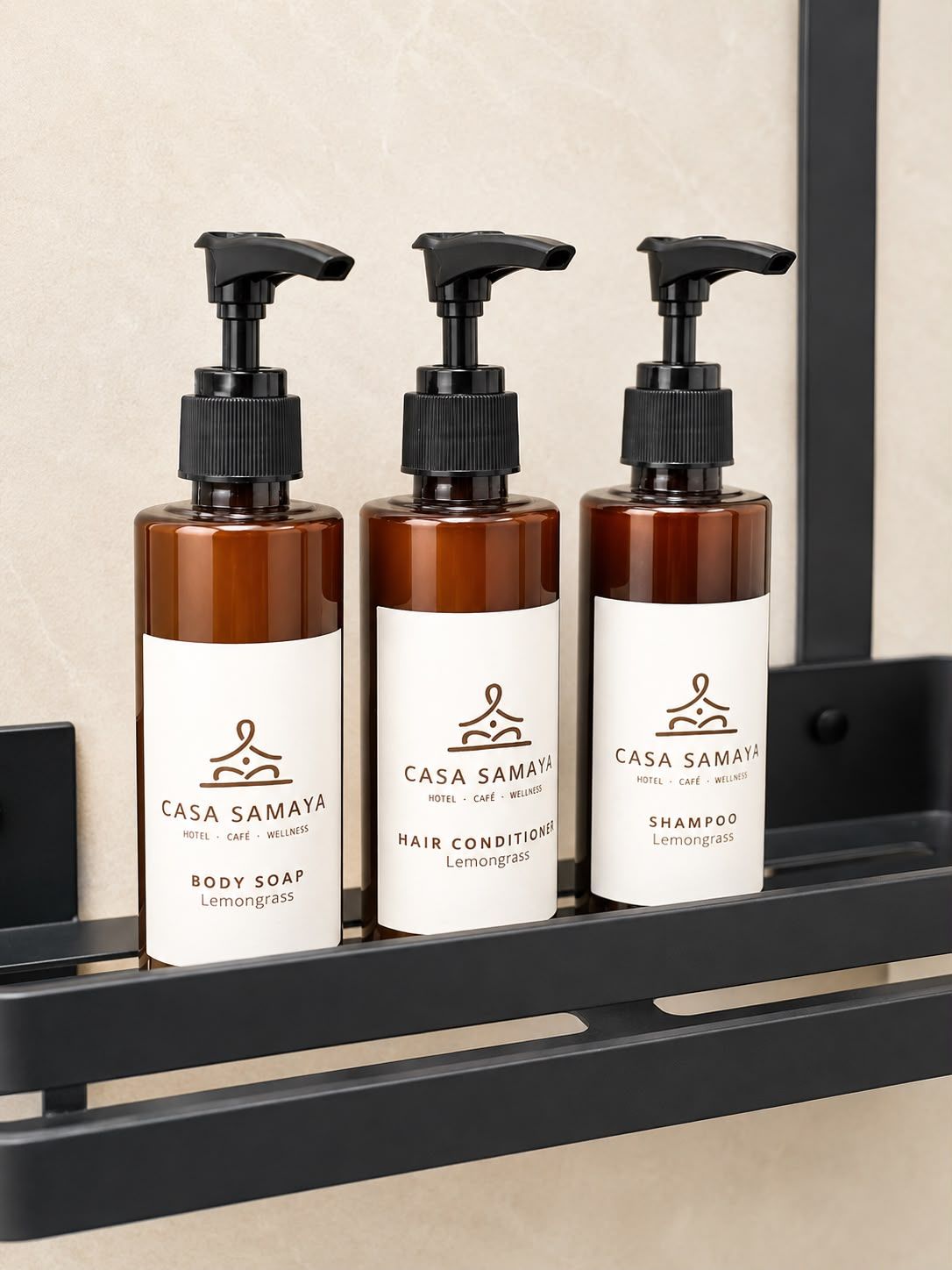 Three bottles of Casa Samaya products on a shelf.