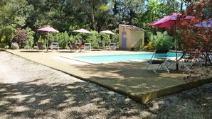 A swimming pool with lounge chairs and umbrellas, surrounded by trees and a small shed.