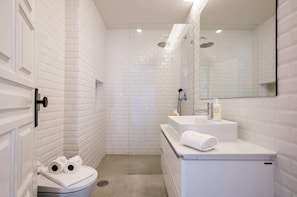 Shower, hair dryer, towels, shampoo