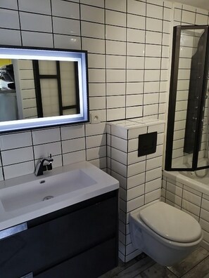 Combined shower/bathtub, hair dryer
