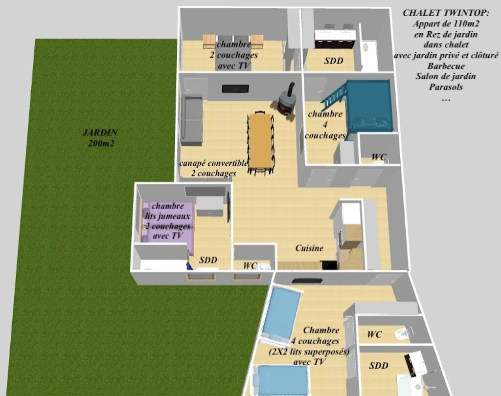 Um jardim com 200m2 e um chalé Twintop com 110m2 no jardim, incluindo churrasqueira e um espaço de estar ao ar livre.