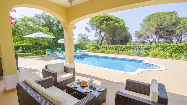 Un espacio al aire libre cubierto con mobiliario de mimbre, piscina y follaje.