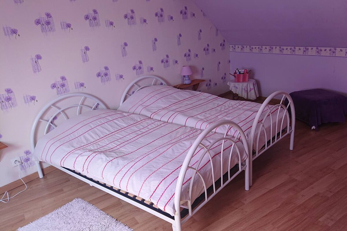 A bedroom with two beds, a wooden floor, a small table, and a chair.