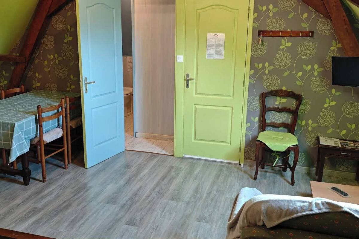 A room with a bed, a table with chairs, a door, and a television.
