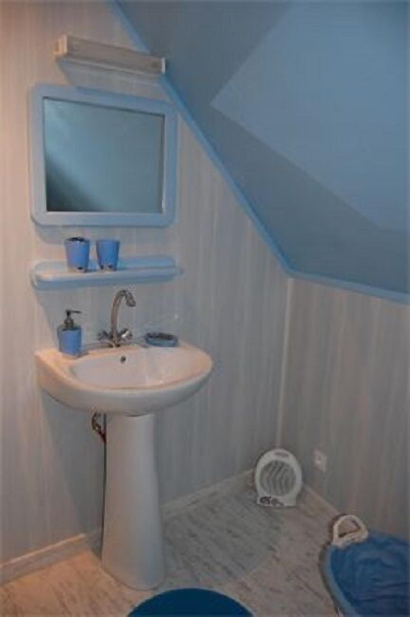 Un baño con lavamanos pedestal, un espejo encima y zona de ducha con ducha blanca.