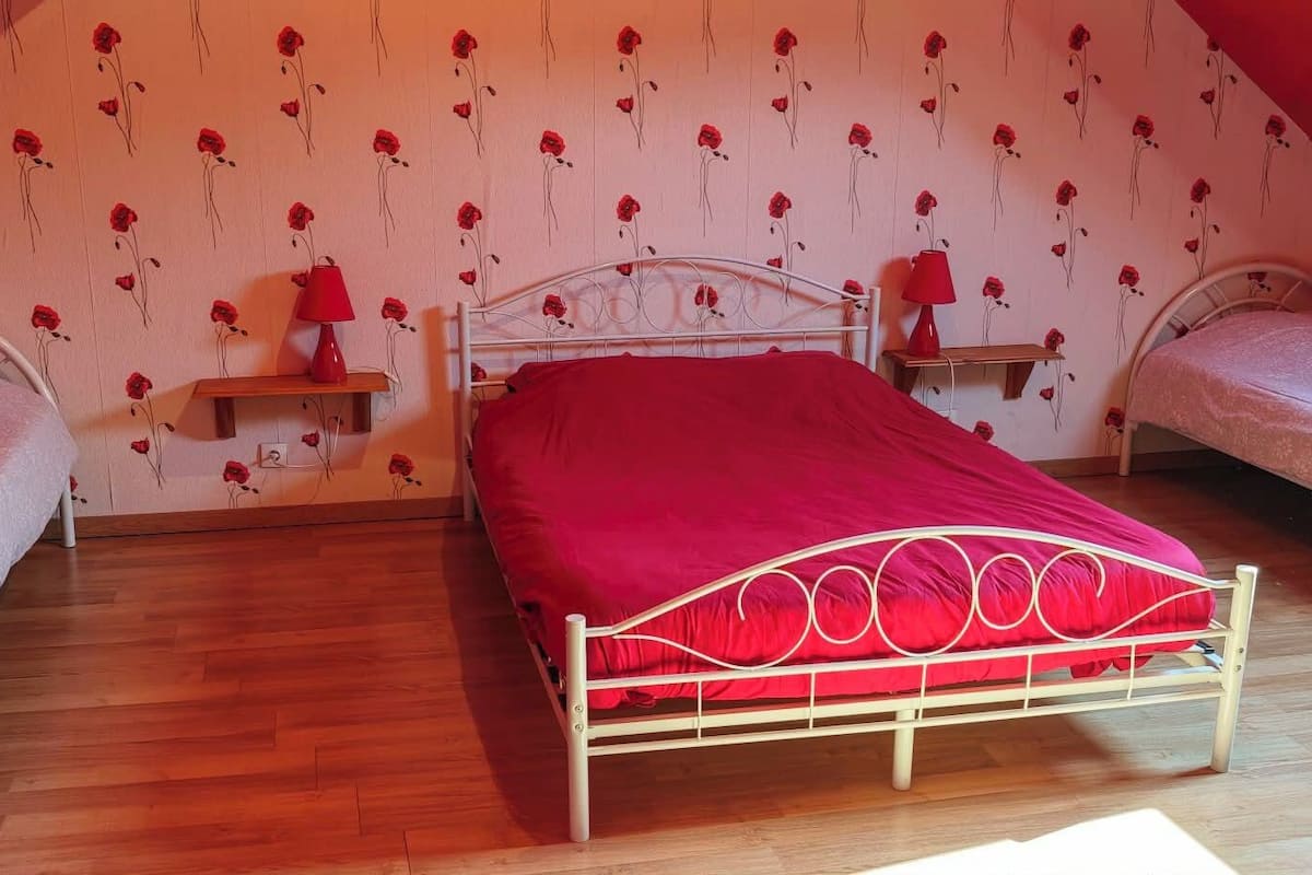 A bedroom with two single beds, a wooden floor, and a sloped ceiling.