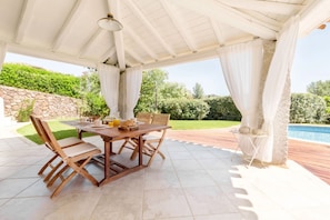 A covered patio with a wooden table and chairs, a stone wall, and a view of a swimming pool.