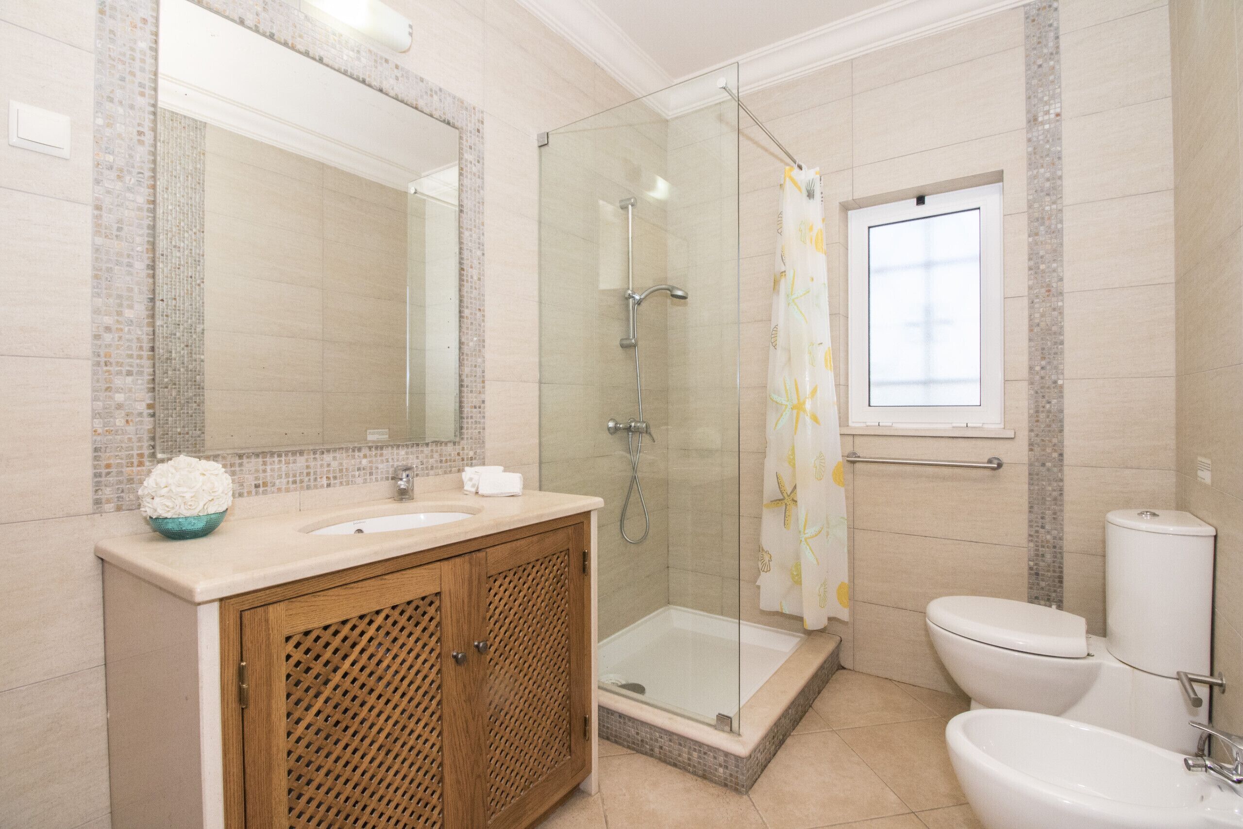 Shower, hair dryer, towels