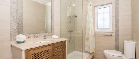 Shower, hair dryer, towels