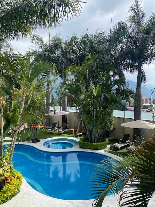 Una piscina rodeada de palmeras y sillas de descanso.