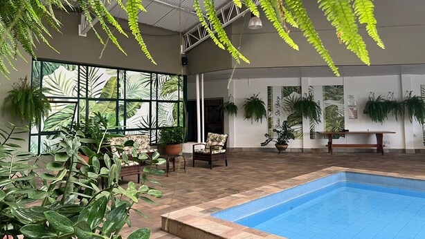 An indoor swimming pool with a tiled floor, surrounded by potted plants and a large window. - Hotel Barcelona (Ponta Pora)