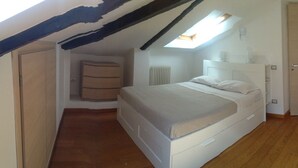 A bedroom with a bed, a radiator, a door, and a skylight.