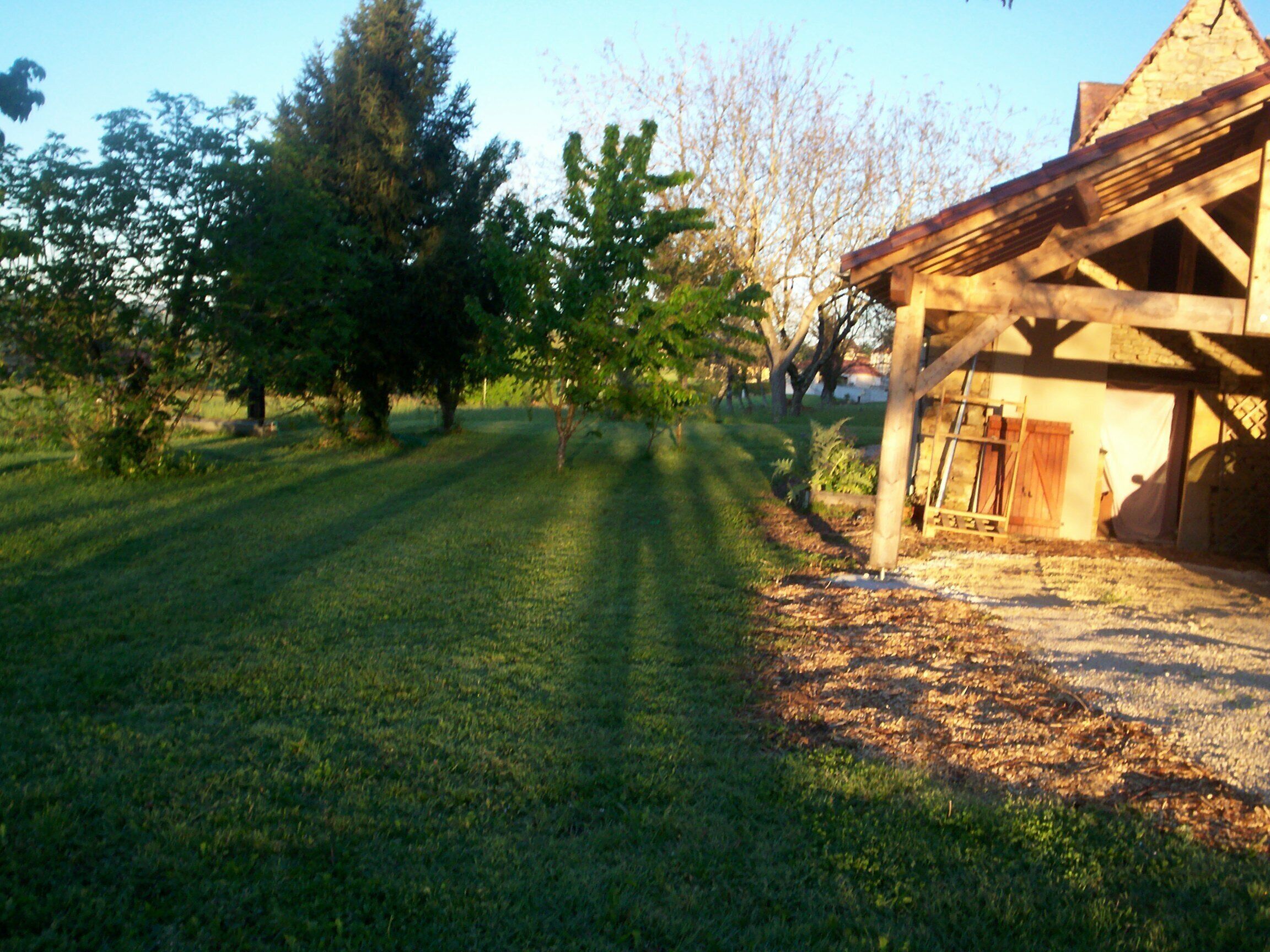 A grassy area with a wooden structure, possibly a barn or shed, and trees in the background.