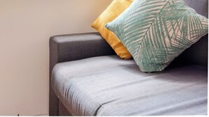 Une fenêtre avec une plante et deux coussins sur un canapé gris.