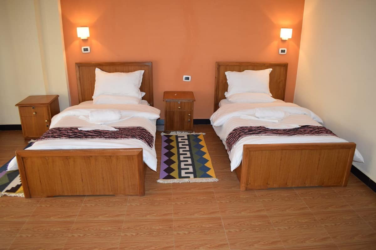 A double room with two wooden beds, nightstands, and wall-mounted lights.