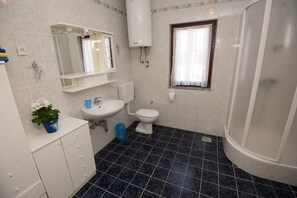 Shower, hair dryer, towels, toilet paper