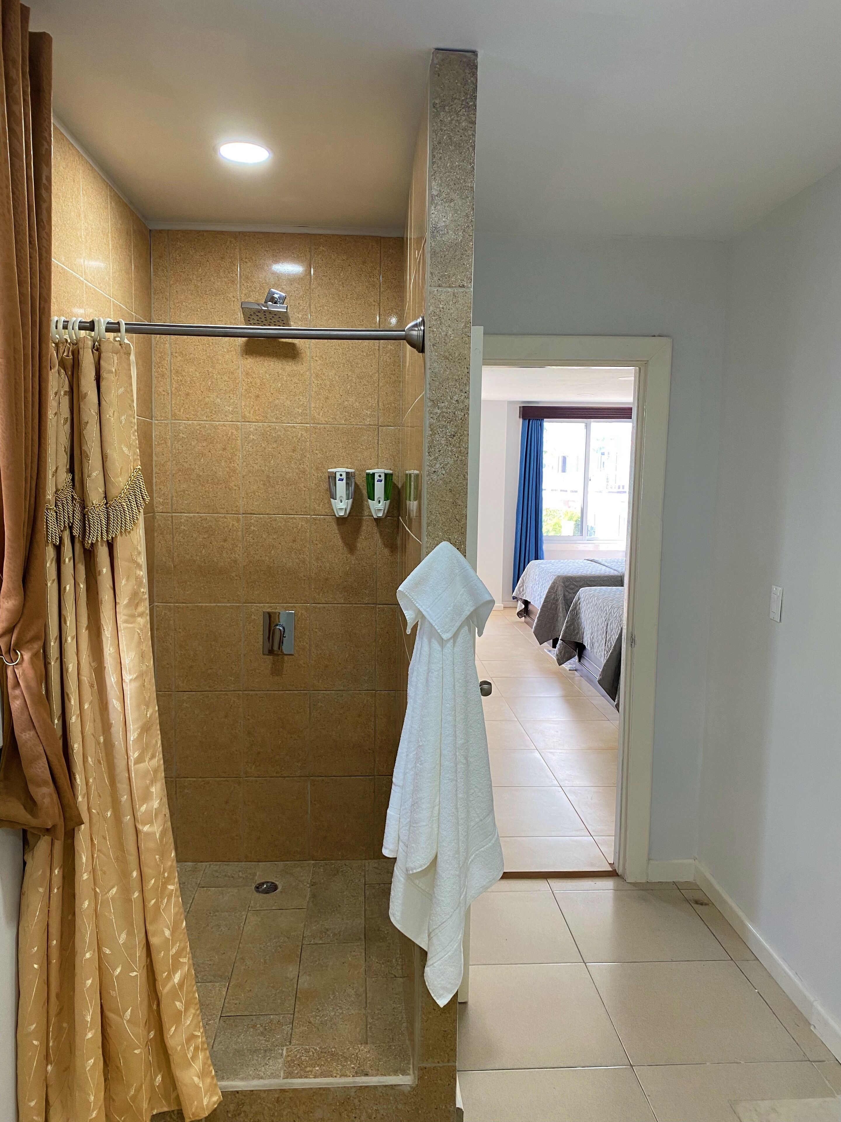 Ein Badezimmer mit Dusche, Handtuchhalter und Seifenspendern.