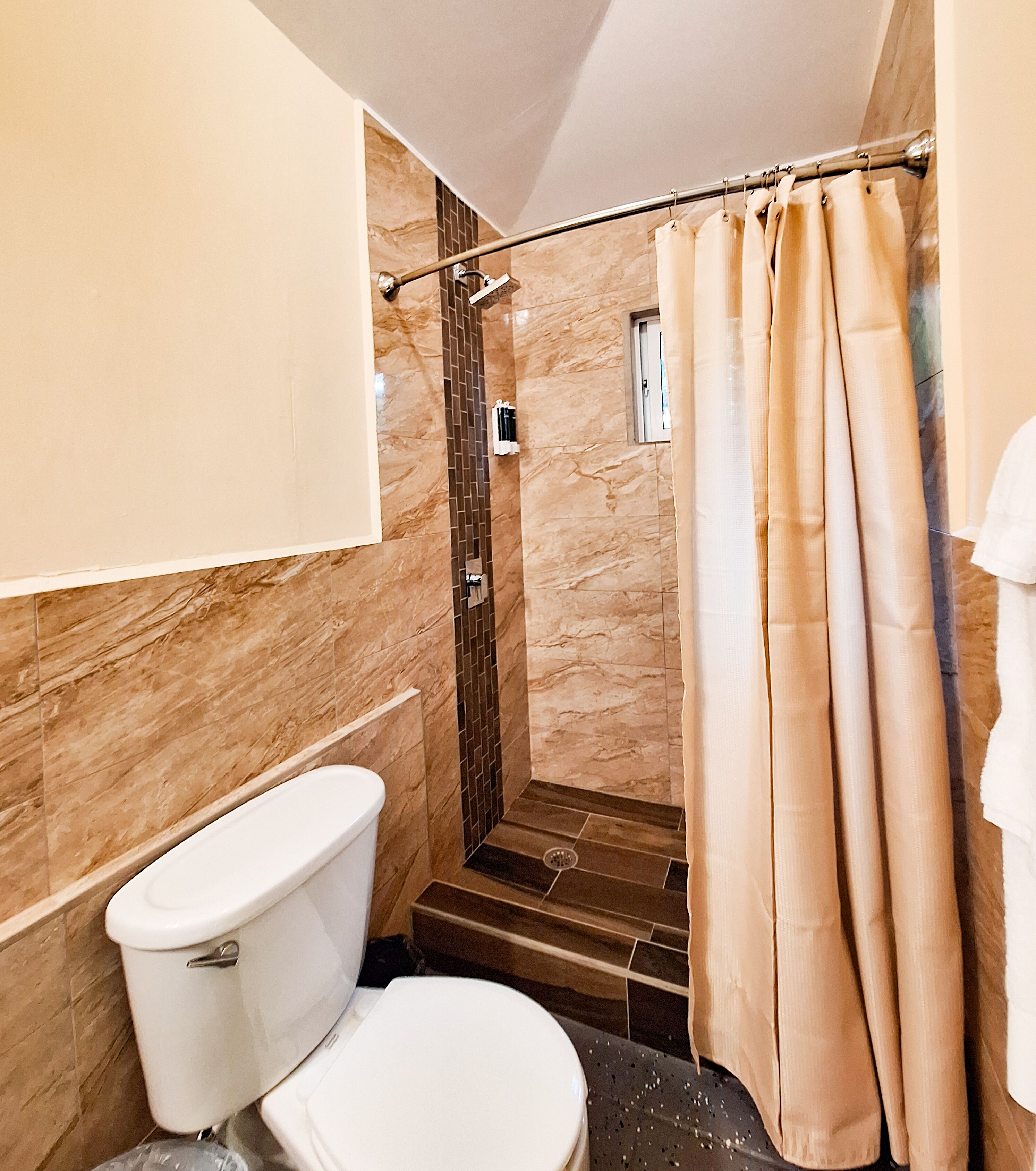 A bathroom with a toilet, shower, and a tiled wall.