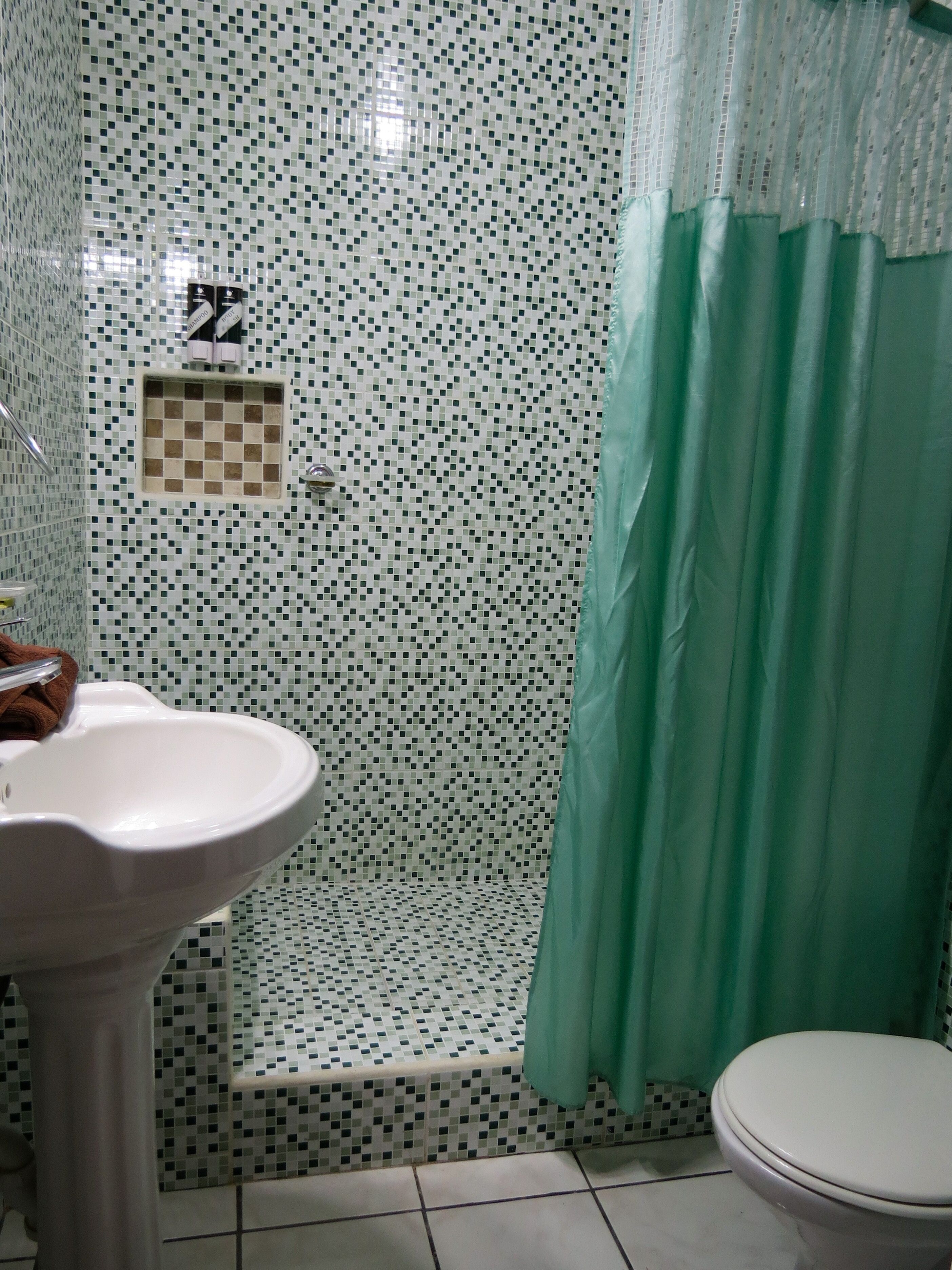 A bathroom with a white sink, a toilet, and a shower area with a green curtain.