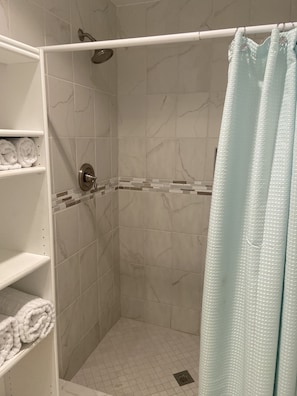 Combined shower/tub, jetted tub, hair dryer, towels